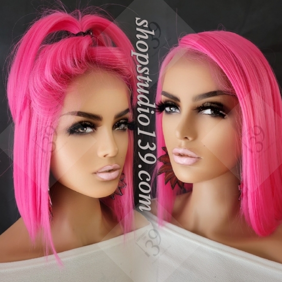 Human hair hot pink bob lacefront wig